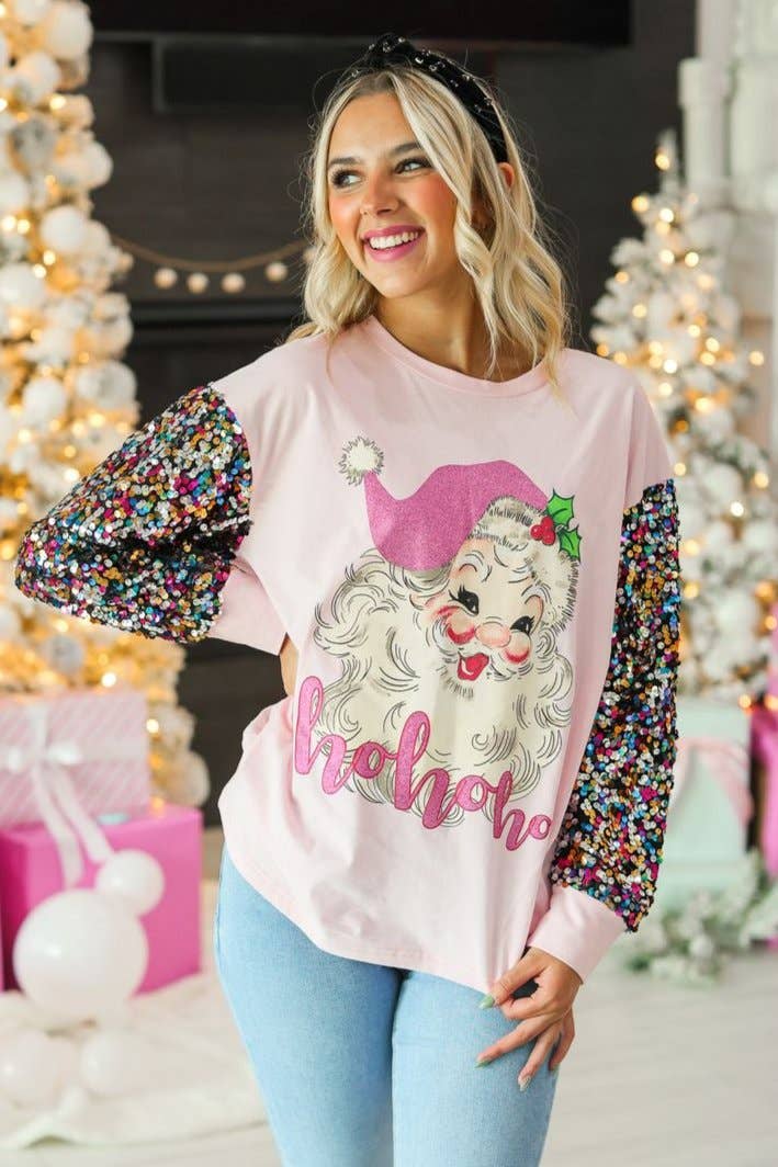 GRACE+EMMA by Southern Grace - Pink Sequin Sleeve Santa Clause
