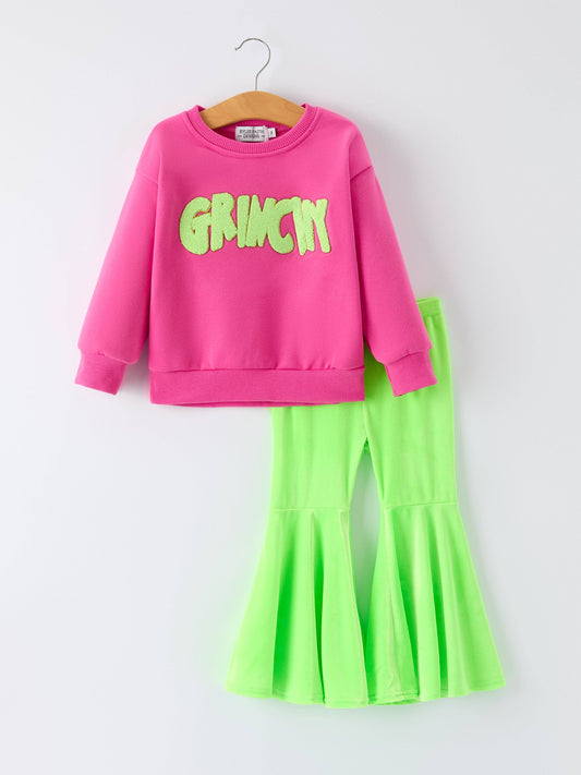 Rylee Faith Designs - Christmas Party Outfit for Girls – Pink Letter Long Sleeve Top with Pants