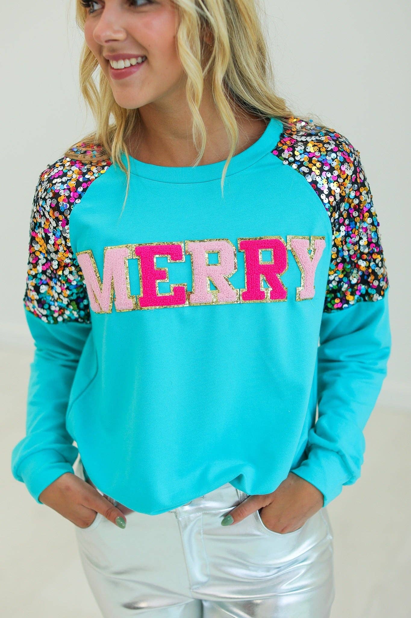 GRACE+EMMA by Southern Grace - MERRY Turquoise Sweatshirt