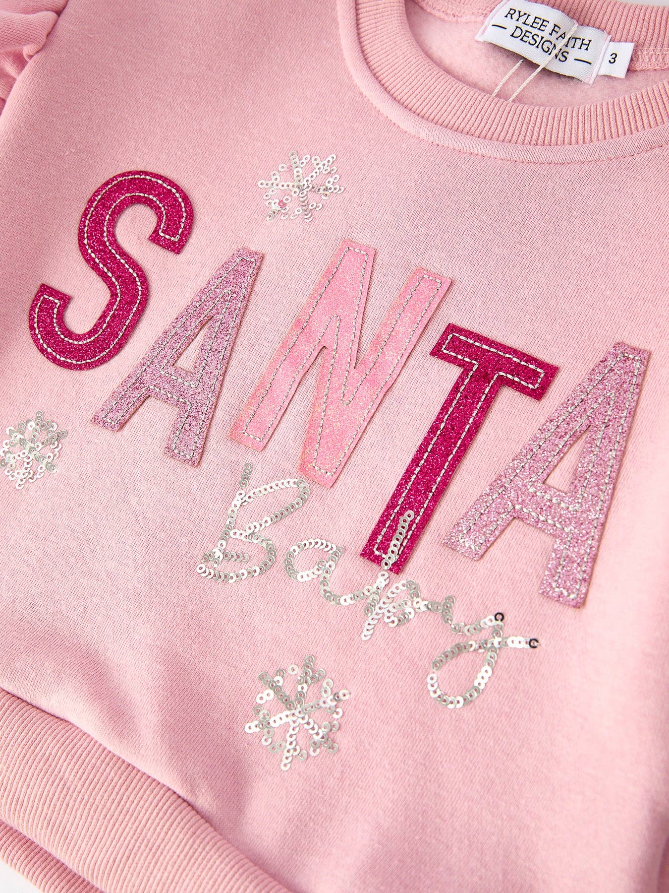 Rylee Faith Designs - Girls Christmas Outfit – Pink “Santa Baby” Ruffle Sweatshirt & Velvet Bell-Bottom Pants Set
