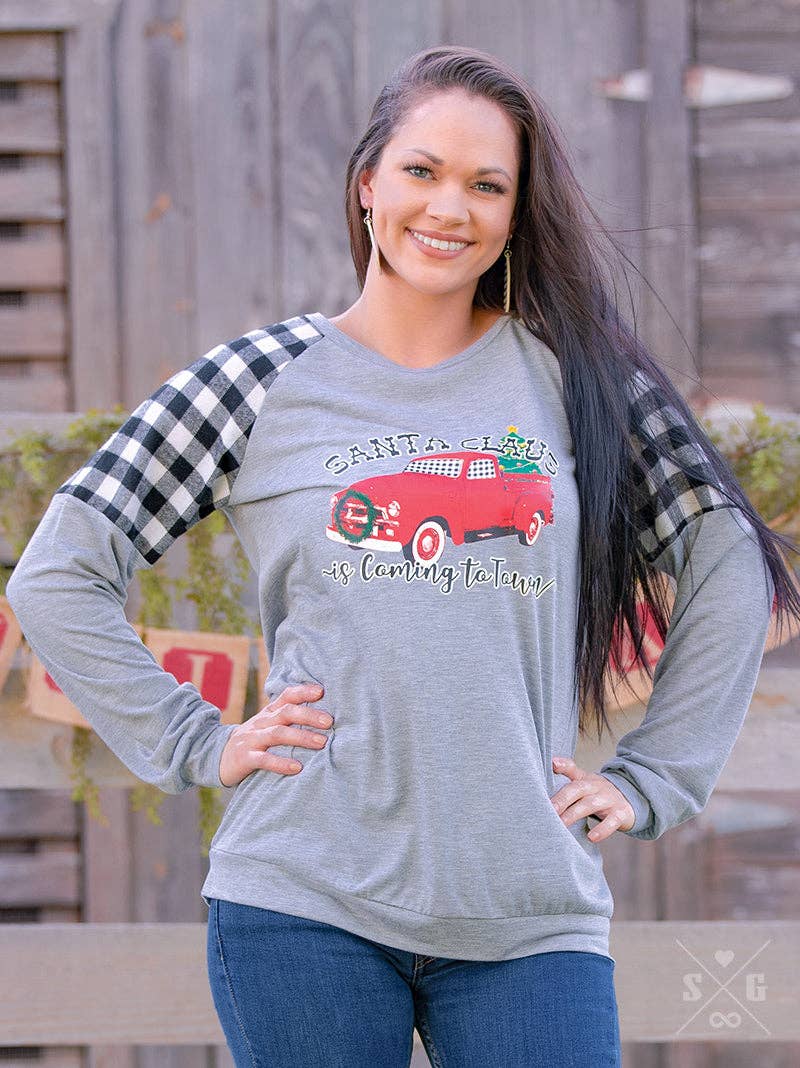 GRACE+EMMA by Southern Grace - Santa Claus is Coming to Town on Heathered Grey Longsleeve with Flannel Gingham Insets