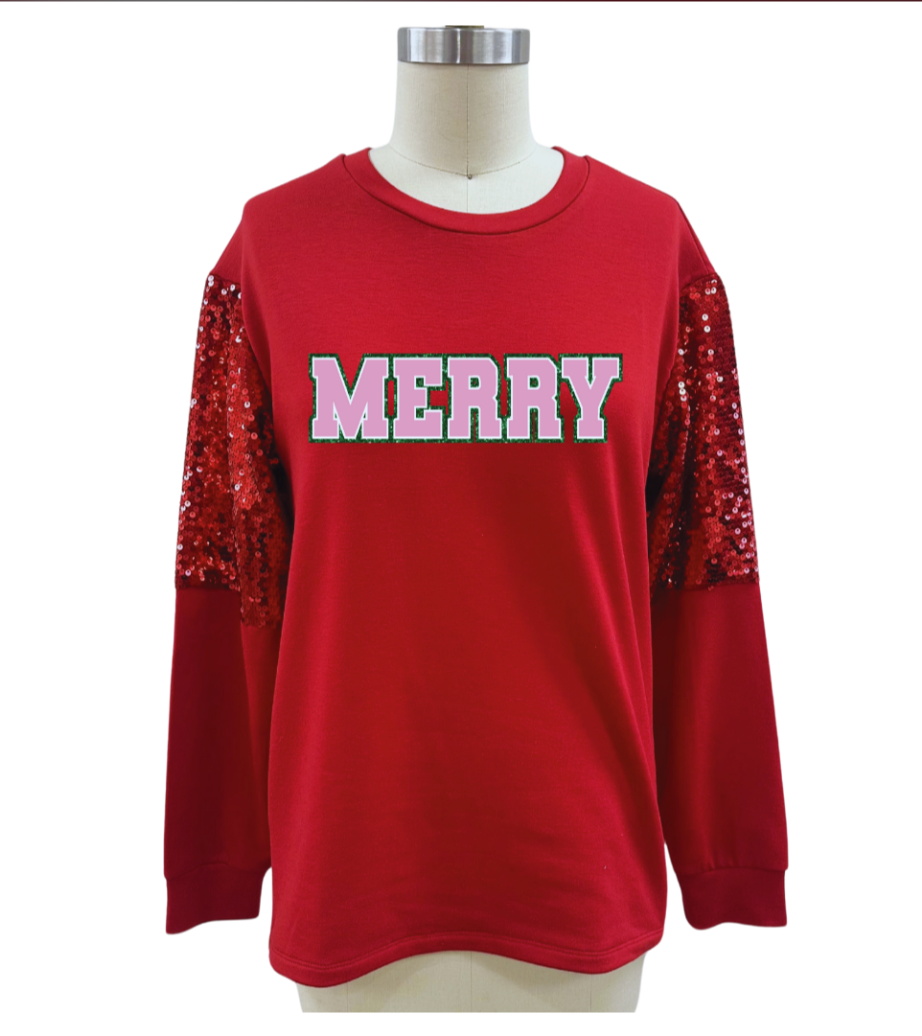 GRACE+EMMA by Southern Grace - Merry on Light Weight Sequins Crewneck, Red