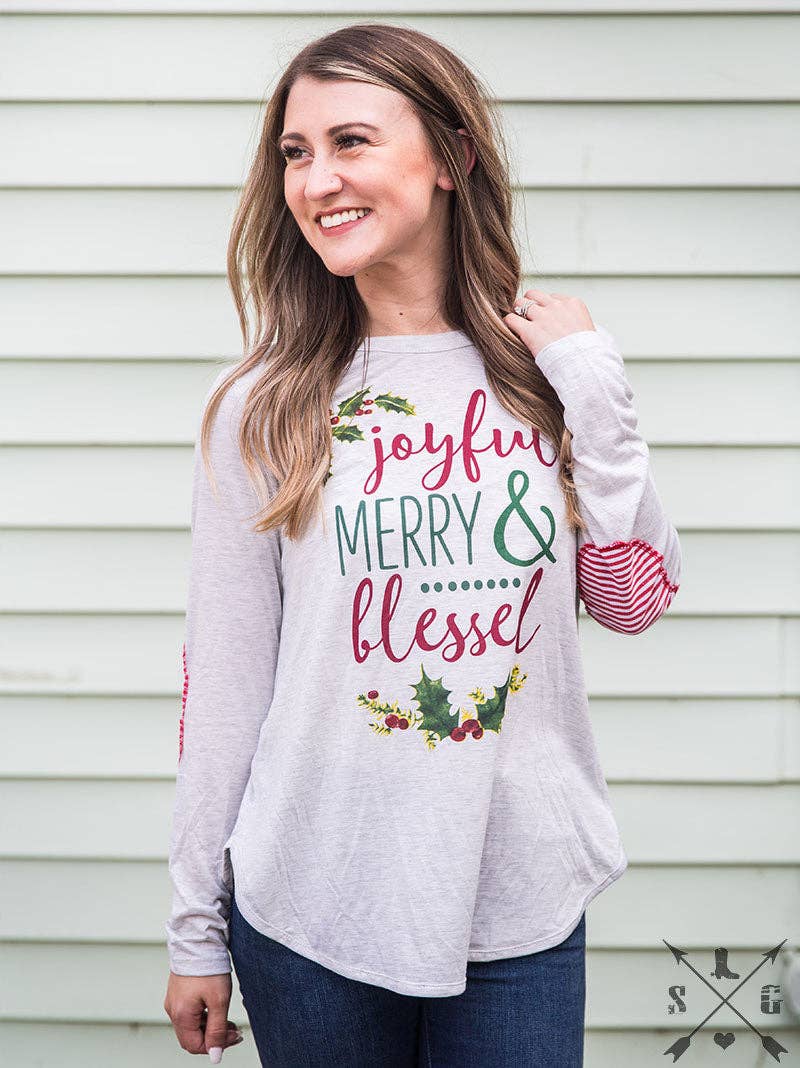 GRACE+EMMA by Southern Grace - Joyful, Merry, & Blessed on Grey Longsleeve Tunic with Candy Cane Accent