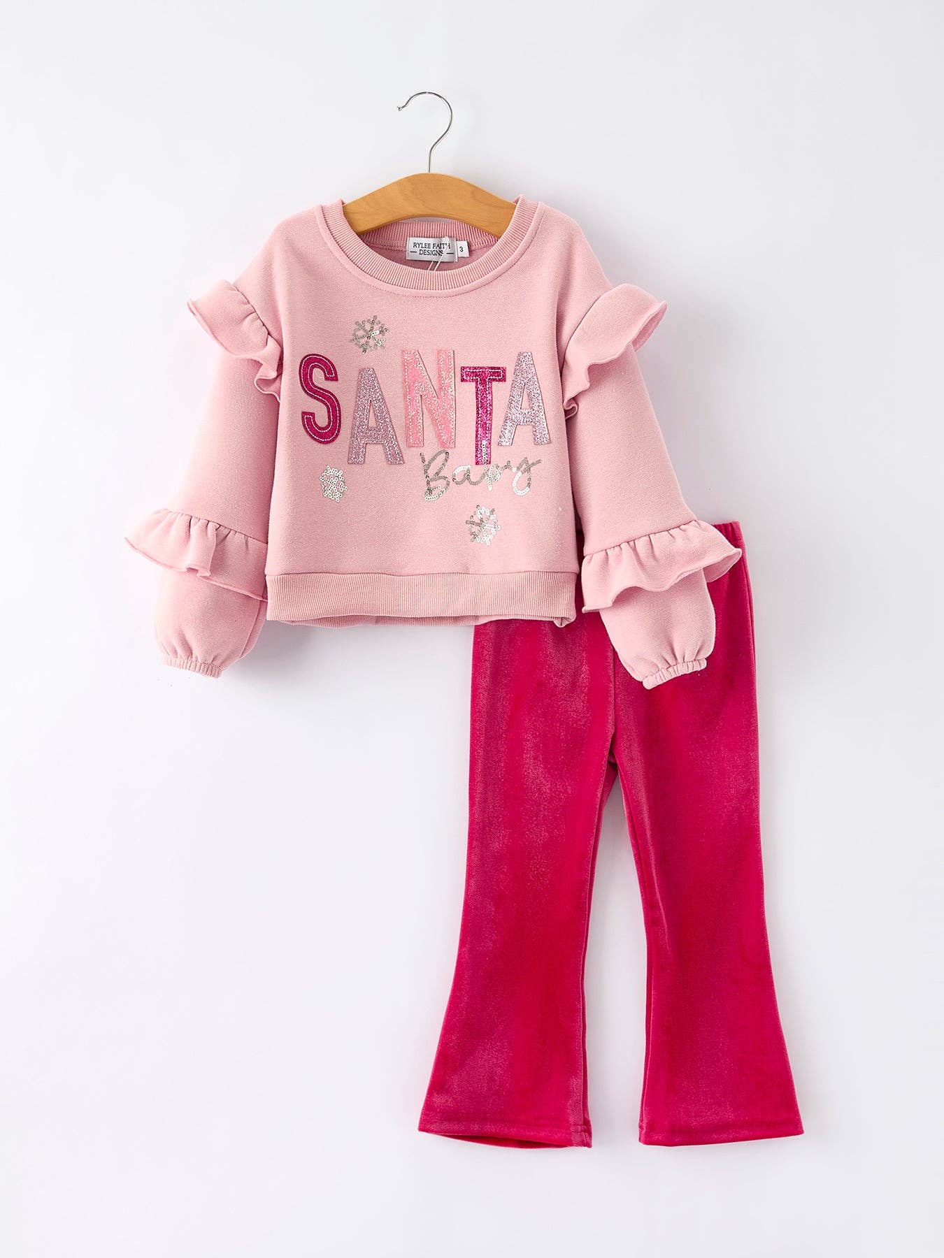 Rylee Faith Designs - Girls Christmas Outfit – Pink “Santa Baby” Ruffle Sweatshirt & Velvet Bell-Bottom Pants Set