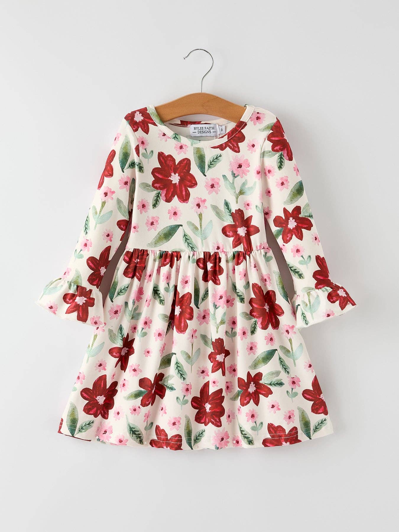 Rylee Faith Designs - Christmas Girls' Long Sleeve Floral Dress – Red and Pink