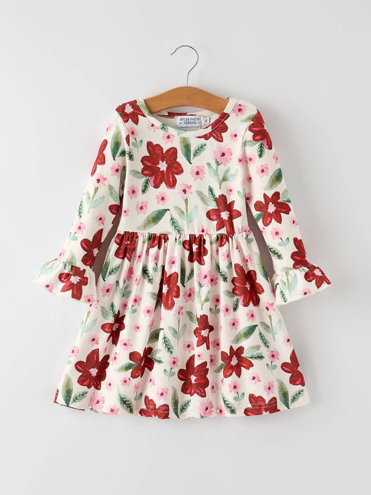 Rylee Faith Designs - Christmas Girls' Long Sleeve Floral Dress – Red and Pink