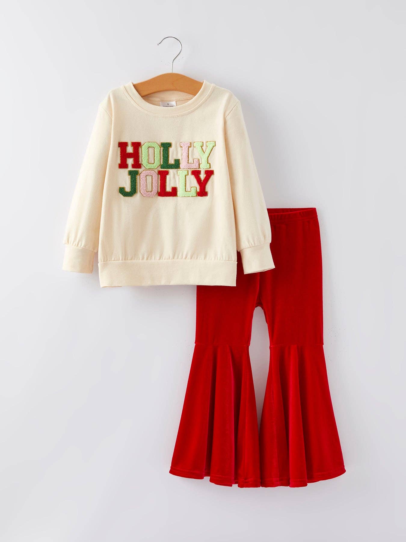 Rylee Faith Designs - Christmas Letter Applique Top + Flared Pants Outfit Set