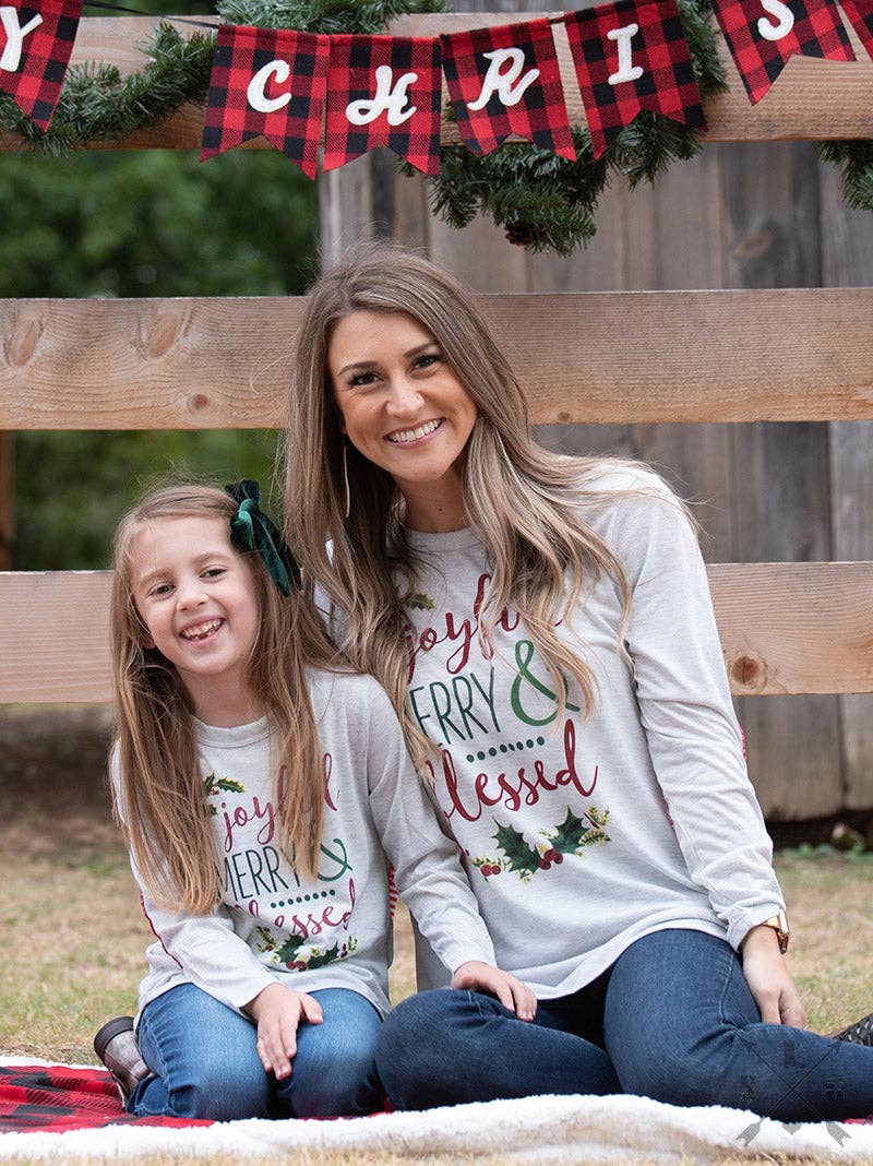 GRACE+EMMA by Southern Grace - Joyful, Merry, & Blessed on Grey Longsleeve Tunic with Candy Cane Accent
