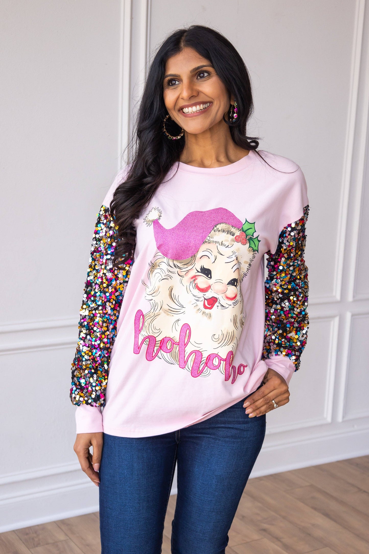 GRACE+EMMA by Southern Grace - Pink Sequin Sleeve Santa Clause