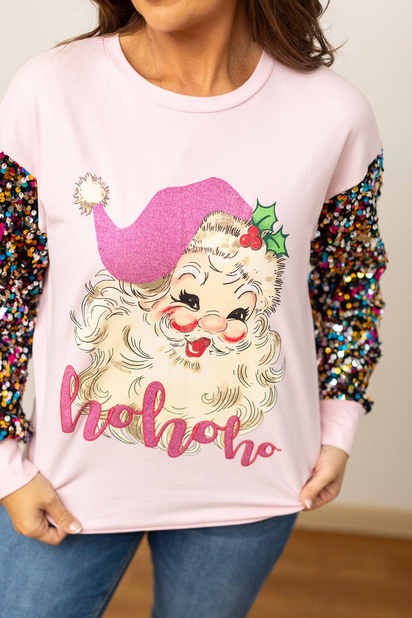 GRACE+EMMA by Southern Grace - Pink Sequin Sleeve Santa Clause