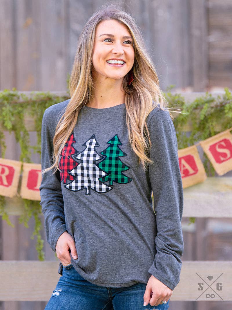 GRACE+EMMA by Southern Grace - The Festive Forest Tree Patches on Charcoal Longsleeve