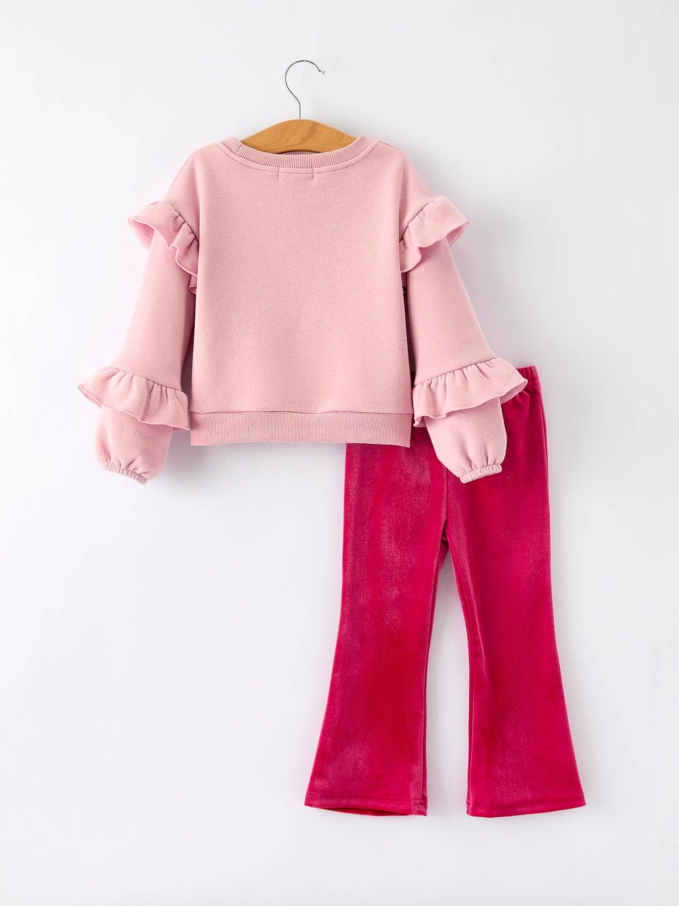 Rylee Faith Designs - Girls Christmas Outfit – Pink “Santa Baby” Ruffle Sweatshirt & Velvet Bell-Bottom Pants Set