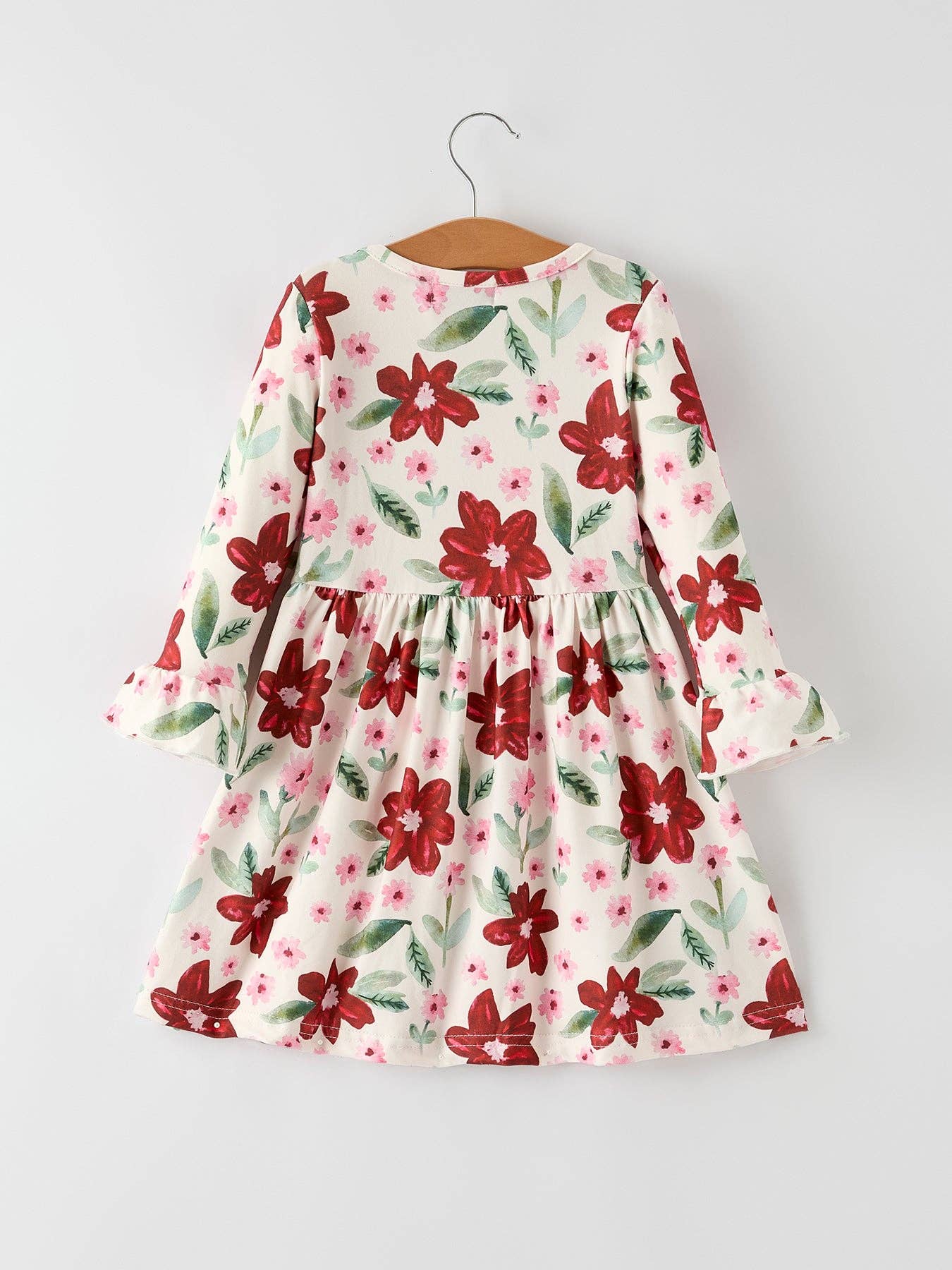 Rylee Faith Designs - Christmas Girls' Long Sleeve Floral Dress – Red and Pink